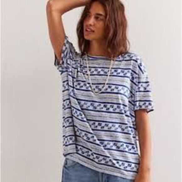Free People We the Free Nina T-Shirt Checkerboard Blue White Medium - Picture 1 of 8